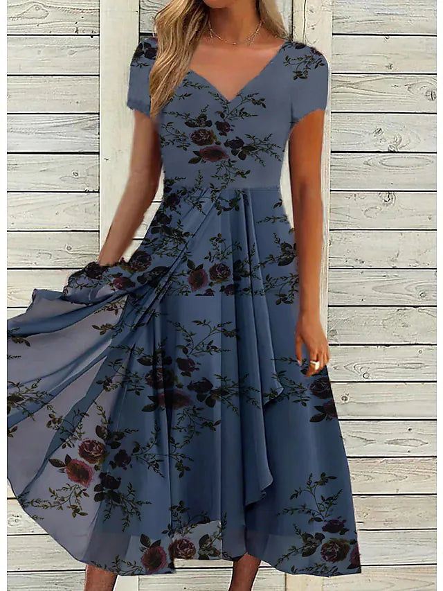 flowersverse Women's Casual Dress Chiffon Dress Midi Dress Navy Blue Purple Short Sleeve Floral Print Spring Summer V Neck Stylish  S M L XL XXL 3XL