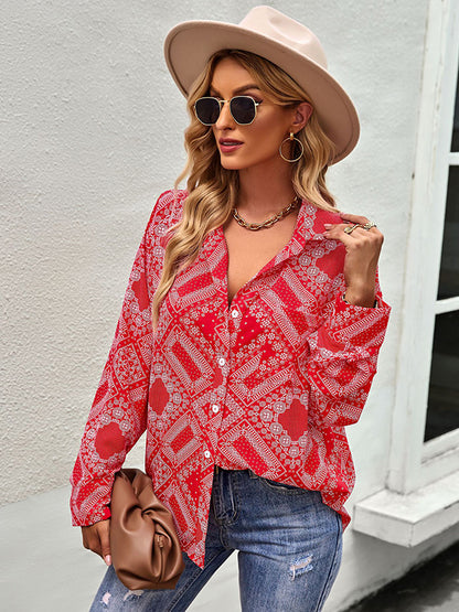 flowersverse Casual Loose Printed Lapel Collar Shirt Top