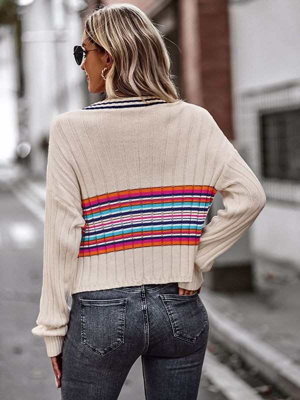 flowersverse Casual Long Sleeves Striped V-Neck Sweater Tops