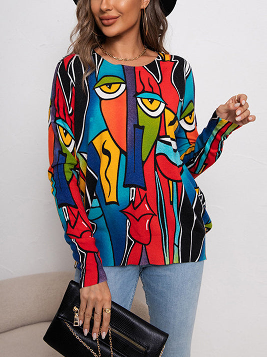 flowersverse Figure Printed Long Sleeves Loose Round-Neck Sweater Tops Pullovers Knitwear