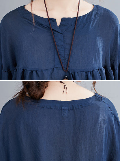 flowersverse Pleated See-Through Solid Color Half Sleeves Loose Round-neck Blouses&shirts Tops