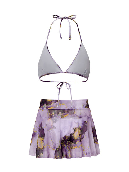 flowersverse Elegant Tie-Dye Pattern Printing V Neck Bikinis set Three-Piece Set