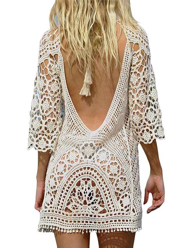 flowersverse Women's Swimwear Cover Up Beach Dress Normal Swimsuit Tassel Hole Pure Color White Black Beige V Wire Bathing Suits New Vacation Fashion / Sexy / Modern