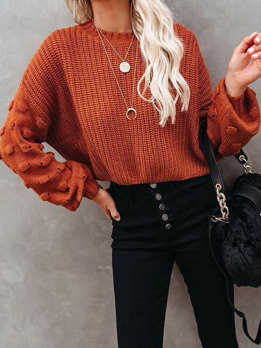 flowersverse Hollow Solid Color Long Sleeves Loose Round-Neck Sweater Tops Pullovers Knitwear