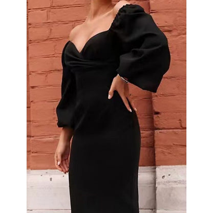 flowersverse Women's Casual Dress Sheath Dress Semi Formal Dress Plain Ruched Square Neck Puff Sleeve Midi Dress Classic Mature Daily Date Long Sleeve Slim Black Winter Fall S M L XL