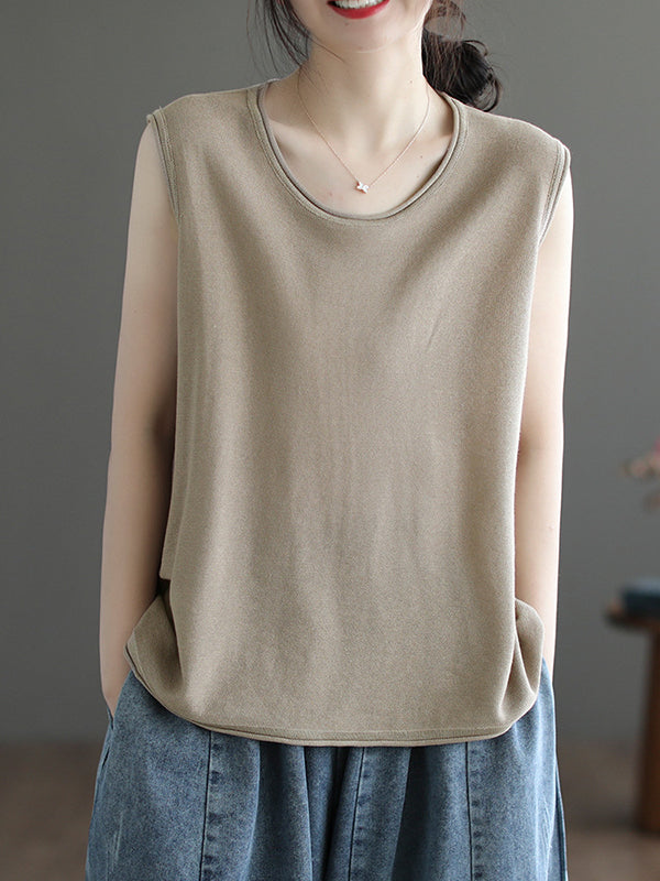 flowersverse Solid Color Loose Sleeveless Round-neck Knitting Vest Top