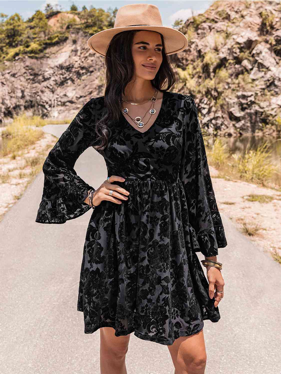 flowersverse Floral V-Neck Flare Sleeve Mini Dress