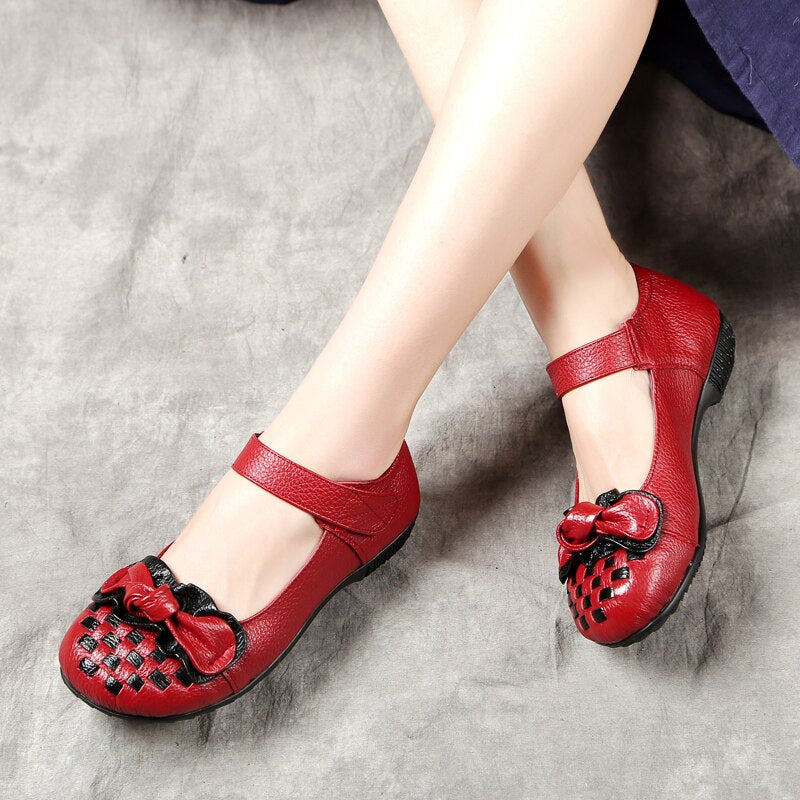 flowersverse Spring Ladies Flats Hook & Loop Comfortable Women Shoes Round Toe Genuine Leather Casual Shoes Plus Size 35-41