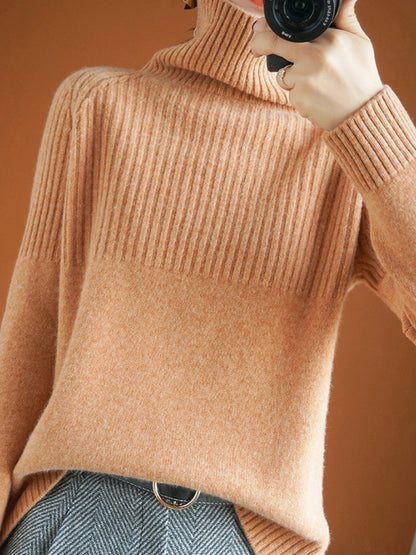 flowersverse Casual Long Sleeves Loose Solid Color High-Neck Sweater Tops