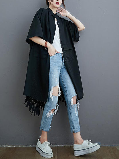 flowersverse Loose Split-Joint Hollow Solid Long Blouse