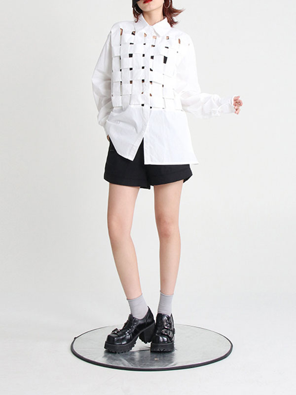 flowersverse Original Loose Puff Sleeves Buttoned Hollow Solid Color Lapel Collar Blouses&Shirts Tops