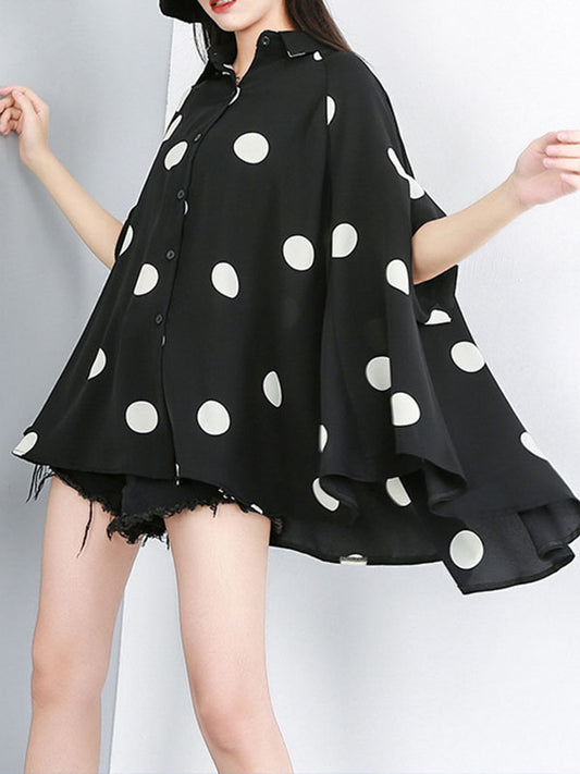 flowersverse Polka-Dot Batwing Sleeves High-Low Lapel Blouses&Shirts Tops