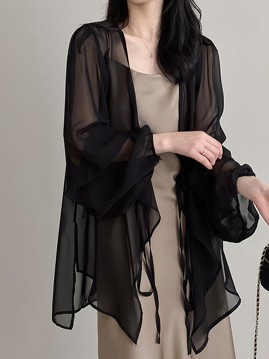flowersverse Bishop Sleeve Long Sleeves See-Through Split-Joint Tied Collarless Blouses&Shirts Tops