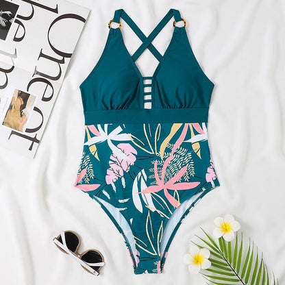 flowersverse Women's Swimwear One Piece Normal Swimsuit Printing Floral Yellow Green Bodysuit Bathing Suits Sports Beach Wear Summer