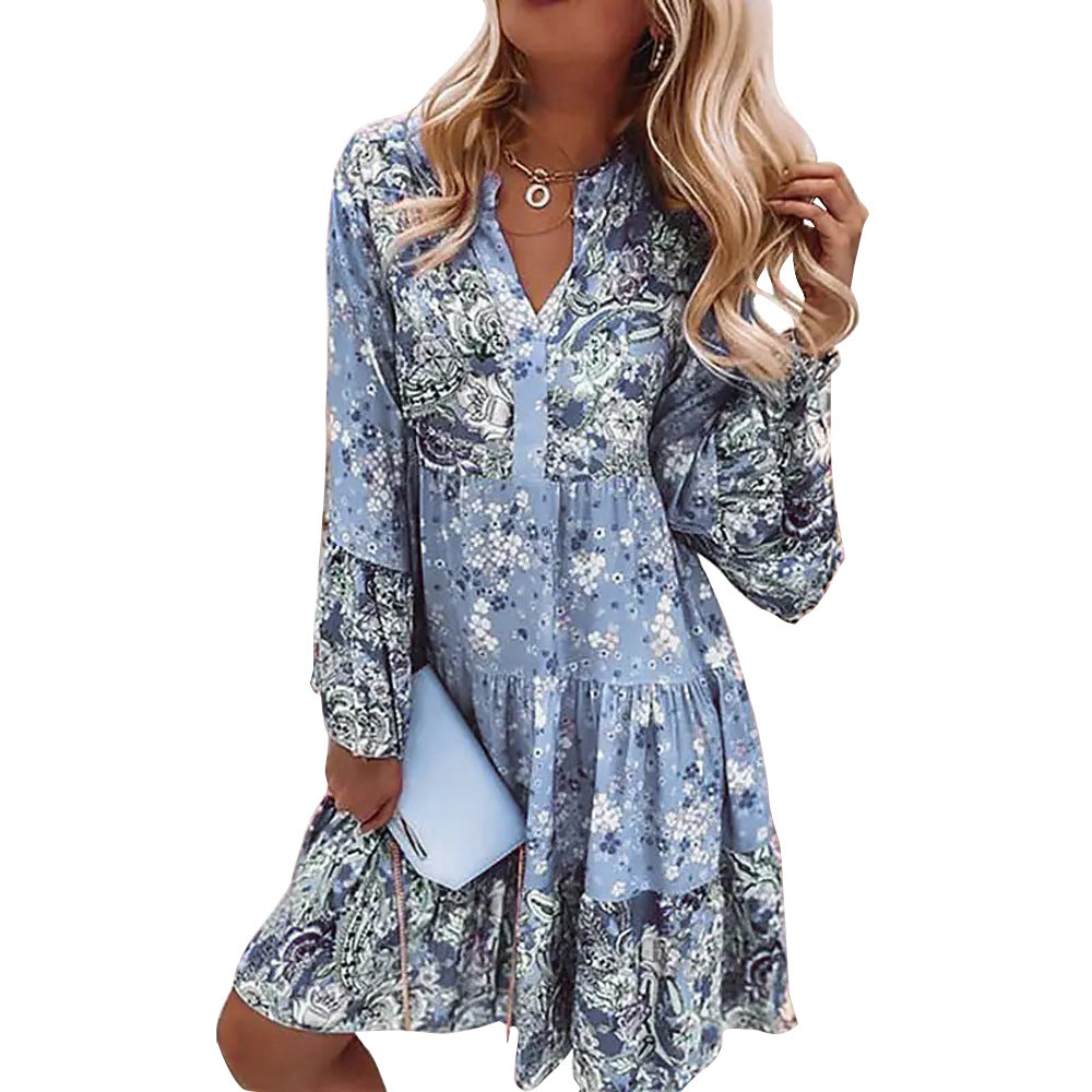 flowersverse Boho Casual V Neck Long sleeve Woven Dress