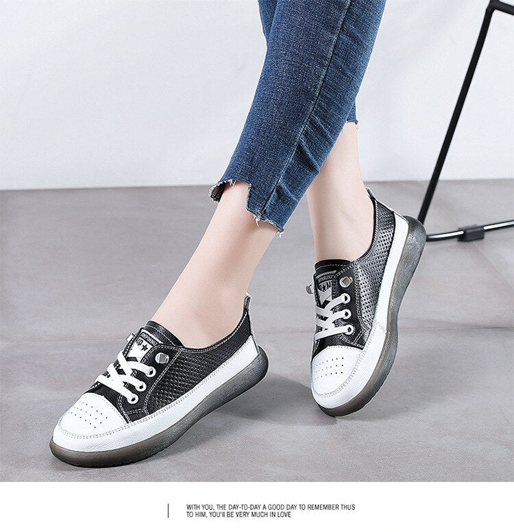 flowersverse Women's Leather Sneakers Women Casual Fashionable Sports Shoes Vulcanized Woman Summer Flat Shoe Ladies White Lacing 40