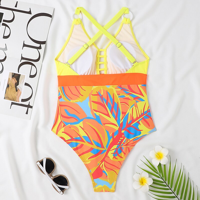 flowersverse Women's Swimwear One Piece Normal Swimsuit Printing Floral Yellow Green Bodysuit Bathing Suits Sports Beach Wear Summer