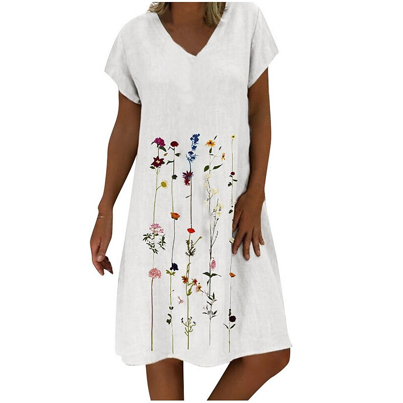 flowersverse Women's Casual Dress Shift Dress Midi Dress White Light Green Purple Short Sleeve Floral Print Spring Summer V Neck Casual  S M L XL XXL 3XL 4XL 5XL