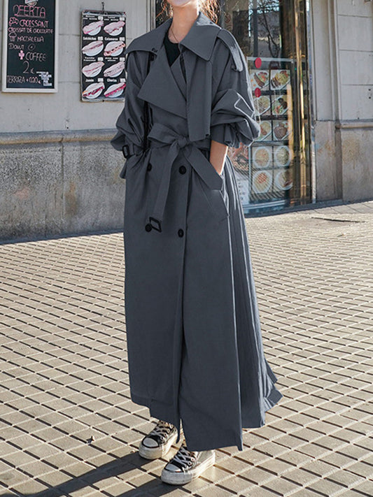 flowersverse Buckle Buttoned Split-Back Tied Waist Long Sleeves Loose Lapel Trench Coats Outerwear