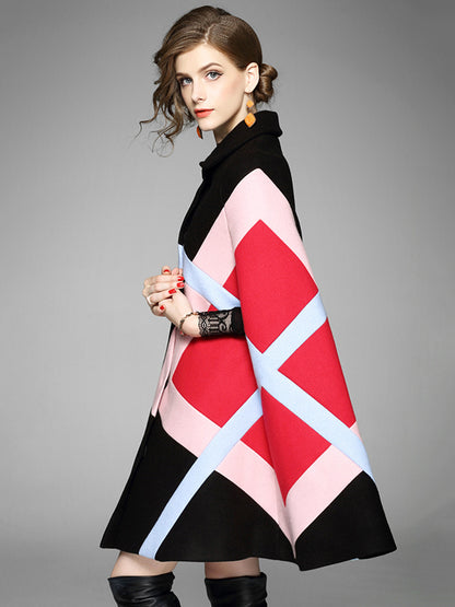 flowersverse Original Loose Batwing Sleeves Contrast Color Striped Lapel Collar Cape Coats