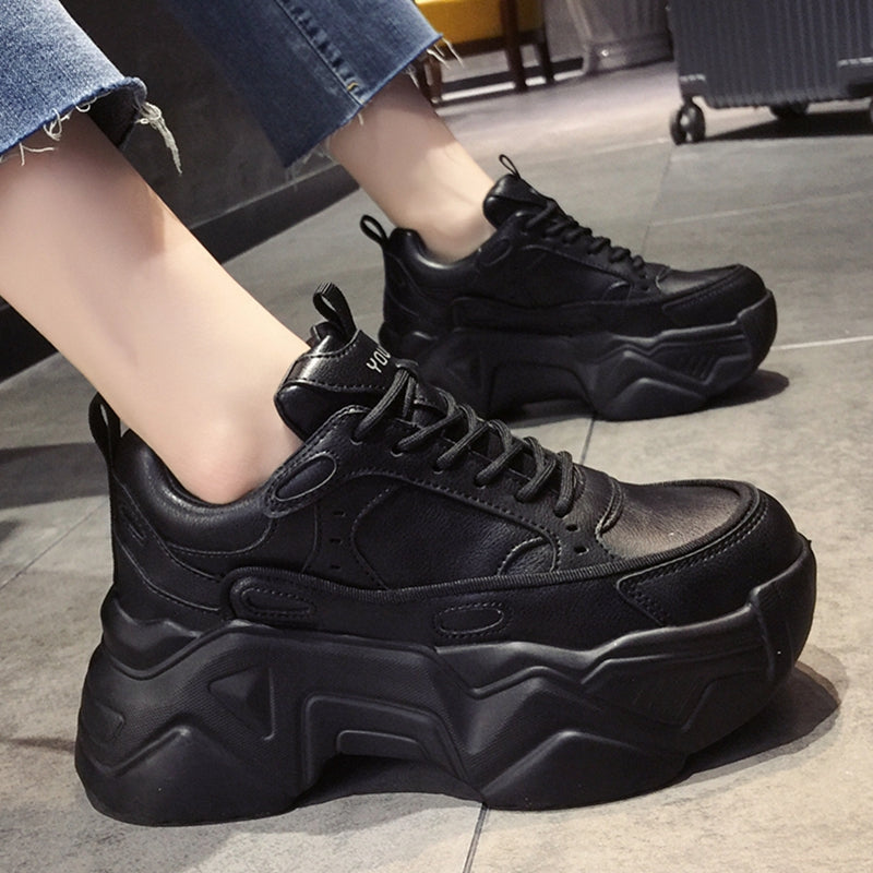 flowersverse Women Platform Sneakers Leather Casual Ladies Chunky Shoes White Woman High Black Fashion Brand Thick soled Wedge Sneakers