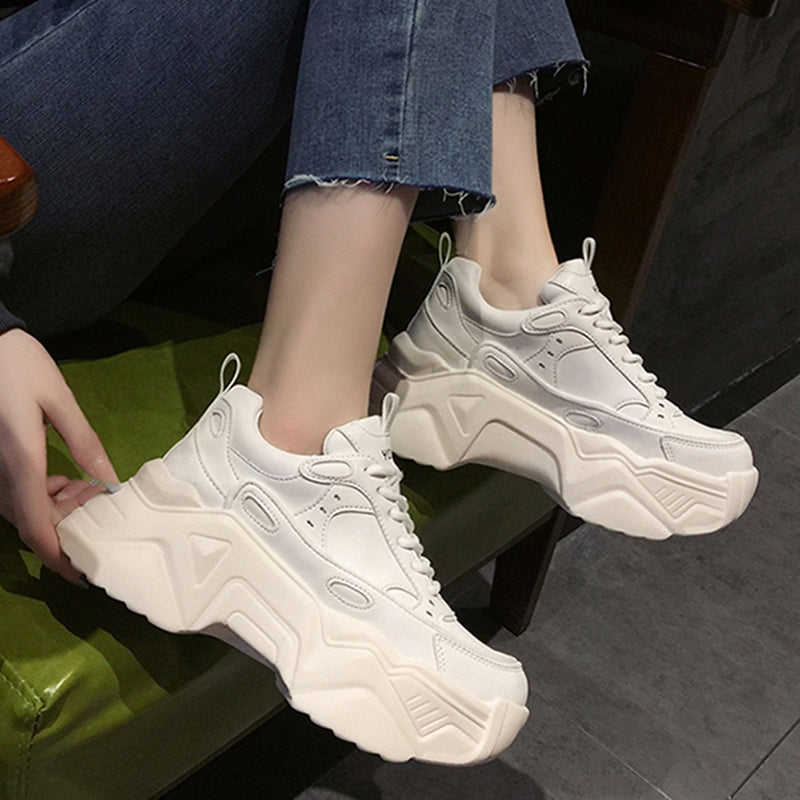 flowersverse Women Platform Sneakers Leather Casual Ladies Chunky Shoes White Woman High Black Fashion Brand Thick soled Wedge Sneakers