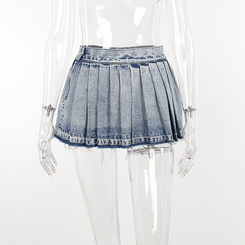 flowersverse Women High Waist Pleated Denim Skirt