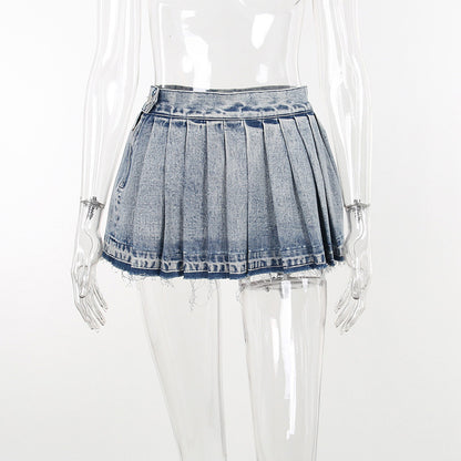 flowersverse Women High Waist Pleated Denim Skirt