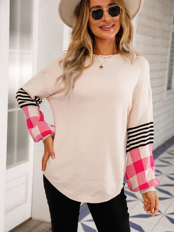 flowersverse Casual Long Sleeves Loose Checkered Round-Neck Sweater Tops