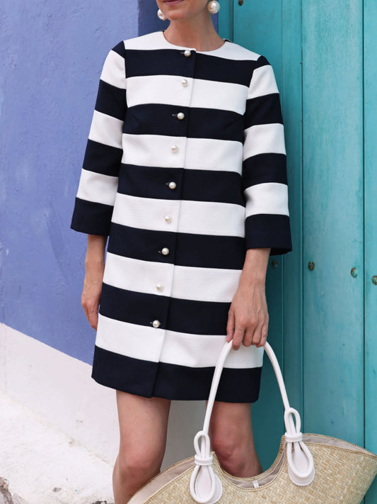 flowersverse Loose Three-Quarter Sleeves Buttoned Striped Round-Neck Outerwear