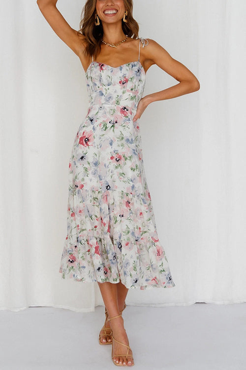 flowersverse Floral Tie Straps Ruffles Midi Dress