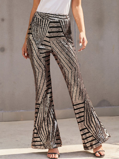 flowersverse Flared Pants High Waisted Contrast Color Striped Sequined Pants