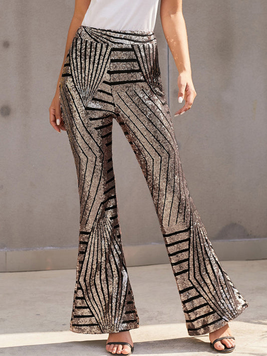 flowersverse Flared Pants High Waisted Contrast Color Striped Sequined Pants