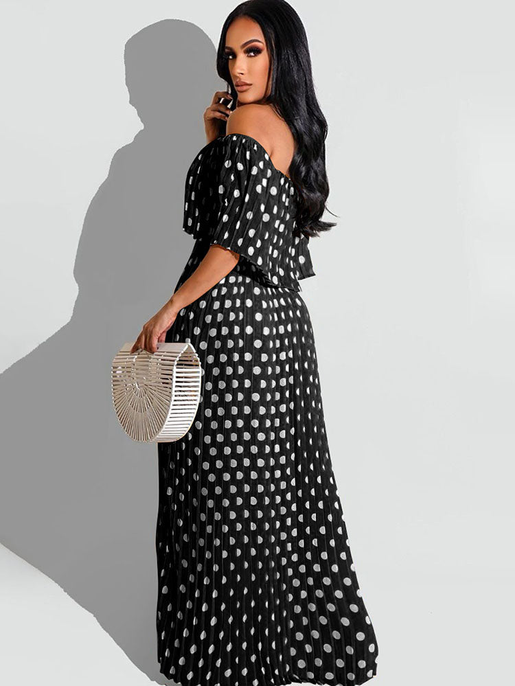 flowersverse Chiffon Off Shoulder Polka Dot Maxi Dresses