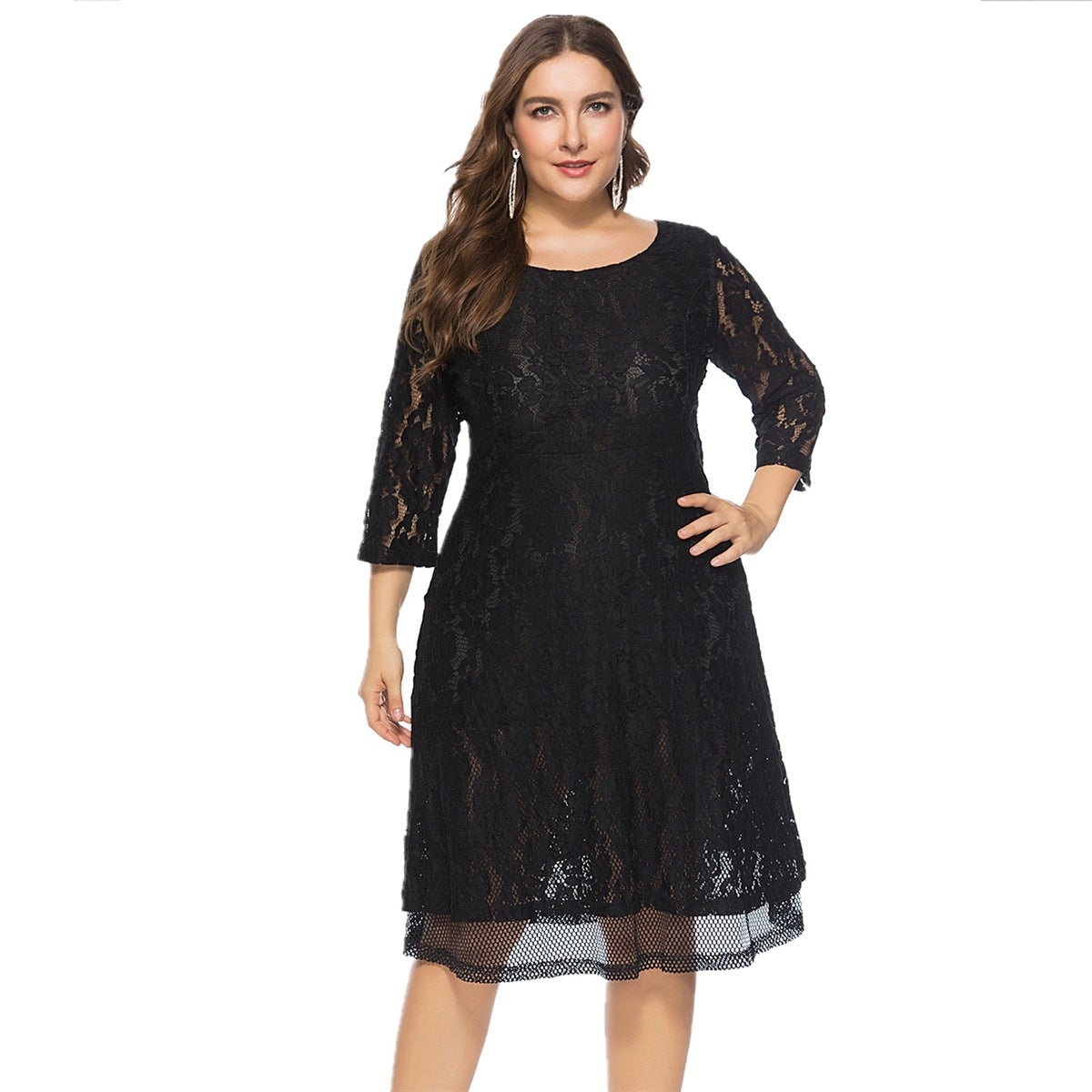 flowersverse Summer Fall Plus Size Women's Round Neck Lace Dress