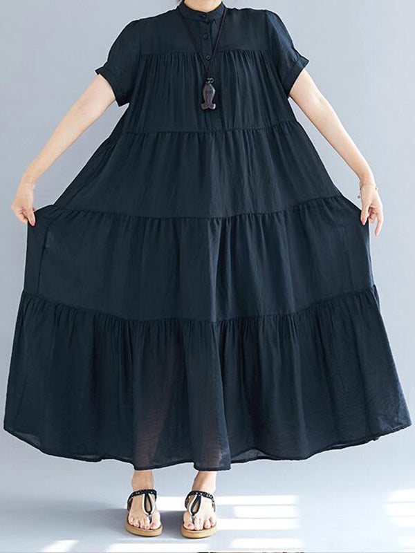 flowersverse Vintage Loose Split-Joint Pleated Short Sleeves Round-Neck Midi Dress