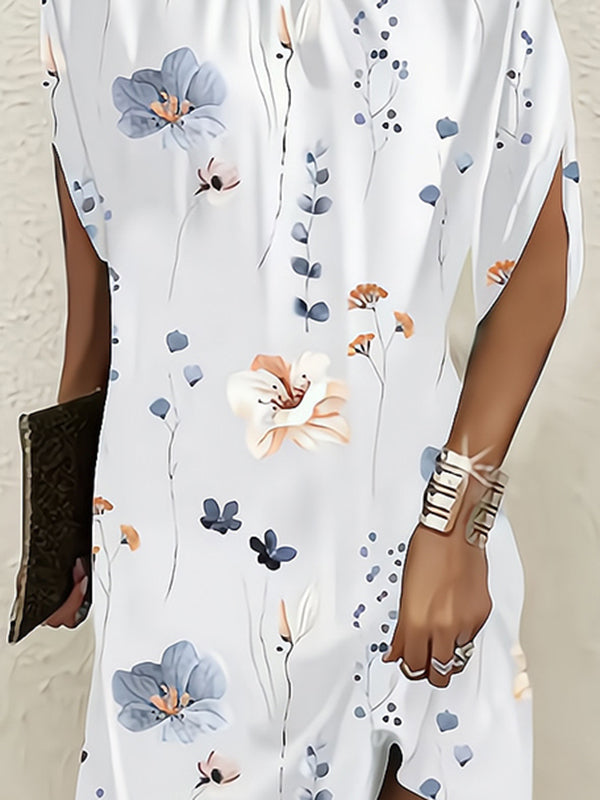 flowersverse Flower Print Batwing Sleeves Loose Round-Neck Mini Dresses