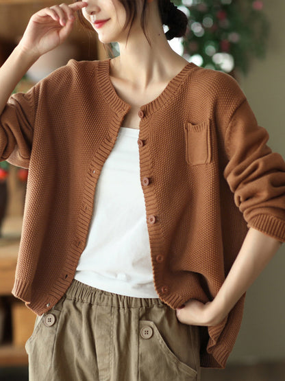 flowersverse Simple Loose Long Sleeves Buttoned Solid Color Round-Neck Cardigan Tops