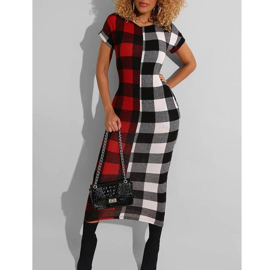 flowersverse Women Sexy Plaid Bodycon Dress Cotton O-neck Long Sleeve Spring Autumn Casual Slim Jumper Midi Pencil Dress