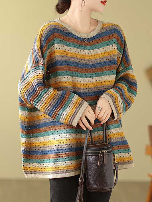 flowersverse Contrast Color Hollow Long Sleeves Loose Round-Neck Sweater Tops Pullovers