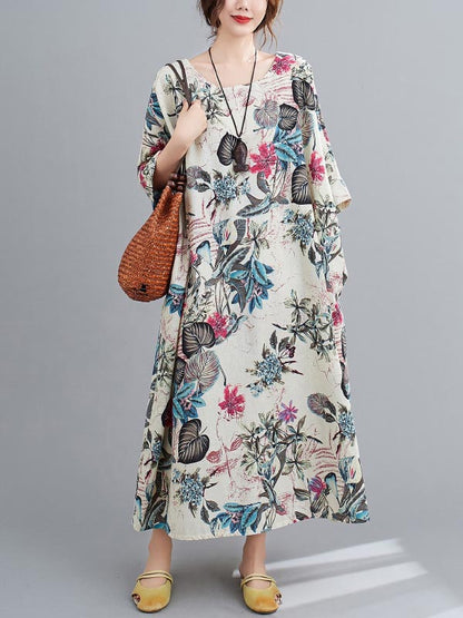 flowersverse Vintage Floral Round-Neck Dress