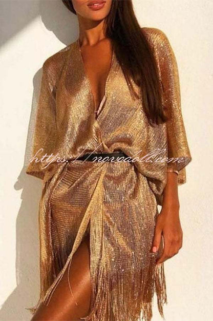 flowersverse Shawl Gold and Silver Ribbon Sleeve Slit Cover-ups