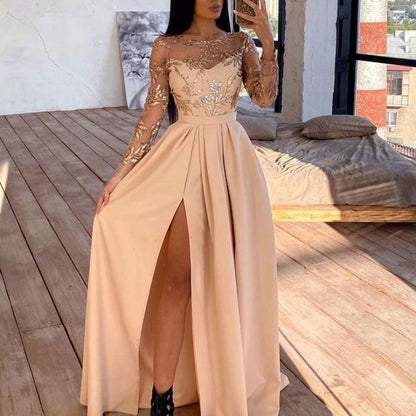 flowersverse Autumn Long Sleeve Evening Gown Women's Sequined Swing Banquet Dress