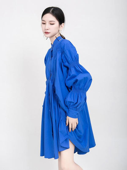 flowersverse Blue Loose Pleated Cropped Blouse Dress