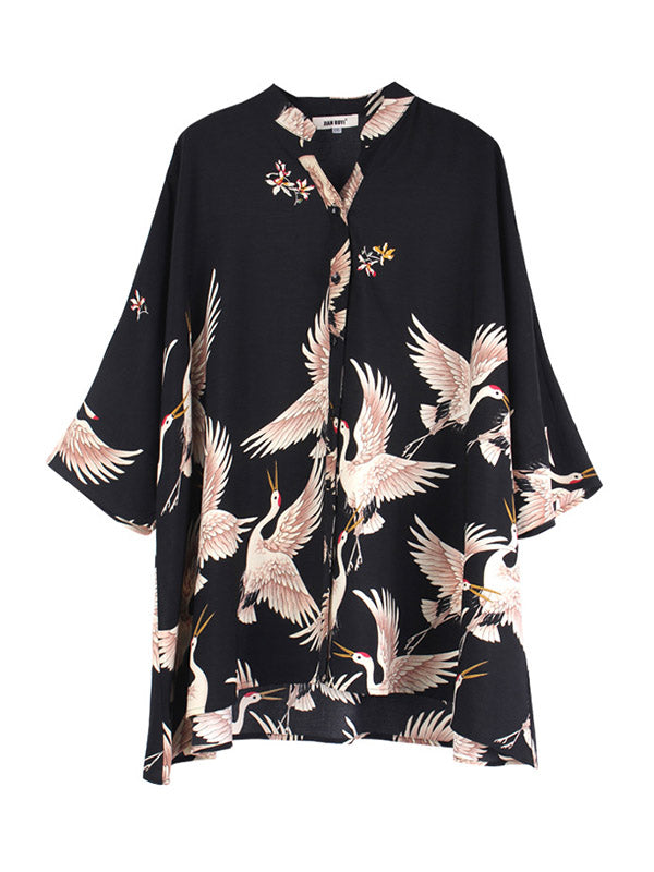 flowersverse Original Crane Printed Buttoned Stand Collar Half Sleeves Blouse