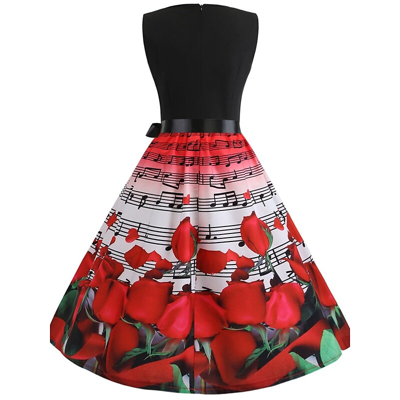 flowersverse Women's Elegant Retro Swing Dress Midi Dress Party Outdoor Patchwork Bow Floral Crew Neck Sleeveless Regular Fit Spring Summer  Red S M L XL