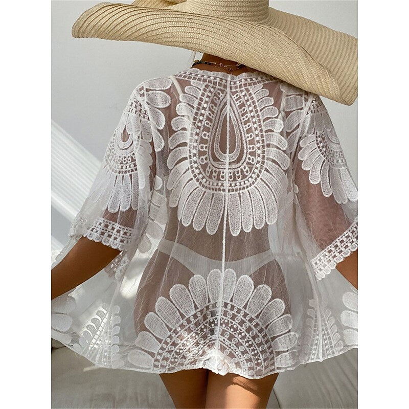 flowersverse Women's Cover Up Beach Dress Beach Wear Mini Dress Hole Fashion Casual Plain V Neck Long Sleeve Loose Fit Outdoor Daily White  Spring Summer One Size