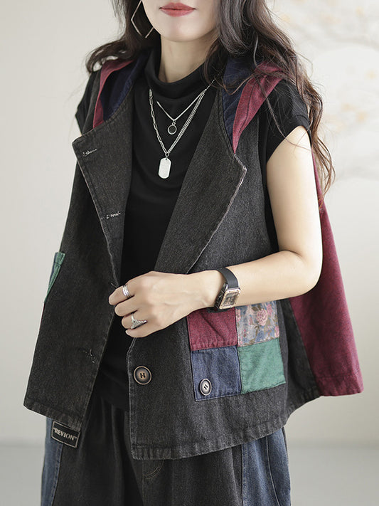 flowersverse Artistic Retro Loose Denim Sleeveless Buttoned Contrast Color Hooded Vest Outerwear