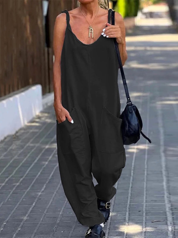 flowersverse Loose Sleeveless Solid Color Spaghetti-Neck Jumpsuits