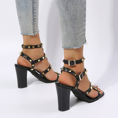 flowersverse Square-Toe Gladiator High Heels: Rivet Sandals for Women with Buckle Strap